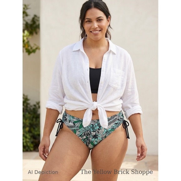 Other - Women's Bikini Bottom XL Green Tropical Print Tie Side Hipster Swim Bottom NWT